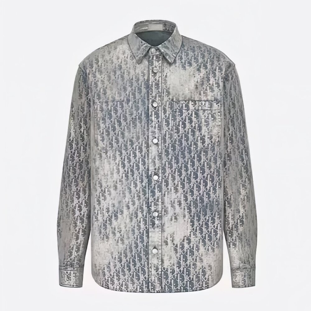 Dior Oblique Denim Overshirt Gray Silver Gold Tone Cotton Blend Button Down - Picture 3 of 14